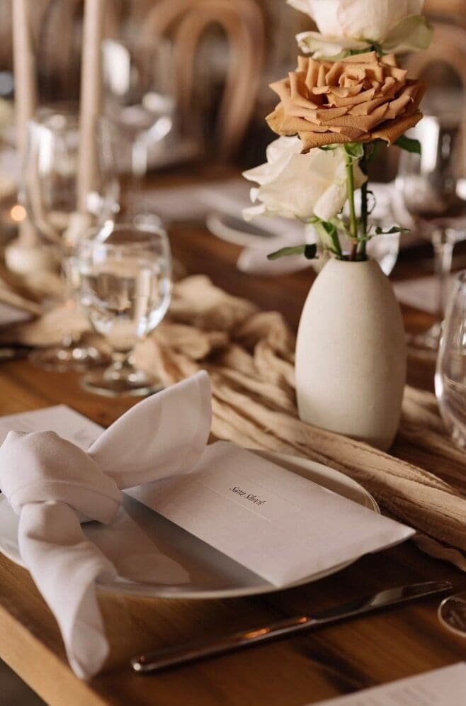 Toffee rose place setting styled by Rare Earth Weddings