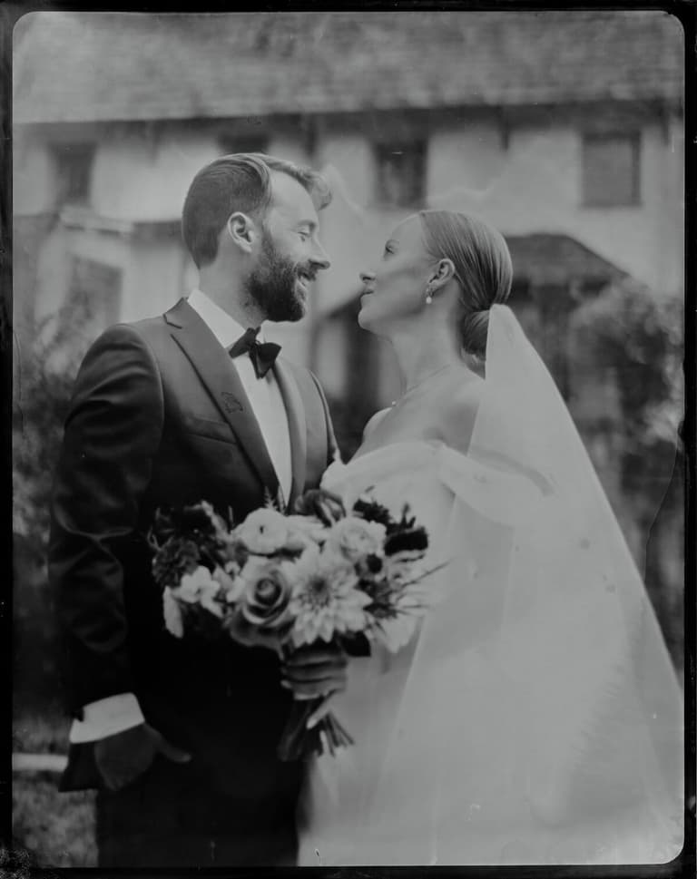 Bride and groom face to face with bouquet on a tintype plate