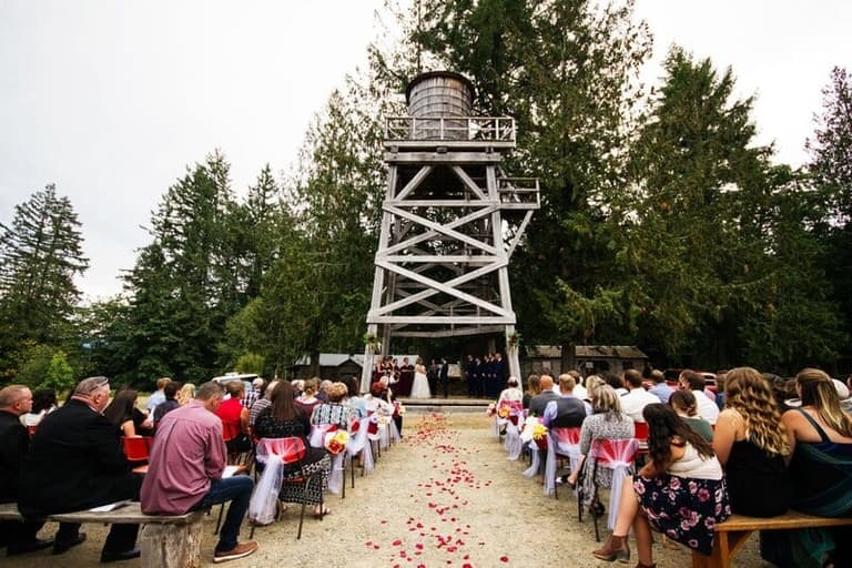 Ceremony beneath the historic water tower at McLean Mill, Port Alberni