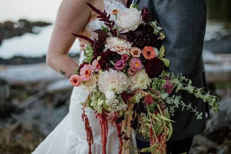 Cascading dahlia and amaranth bouquet by Wild Bee Florals
